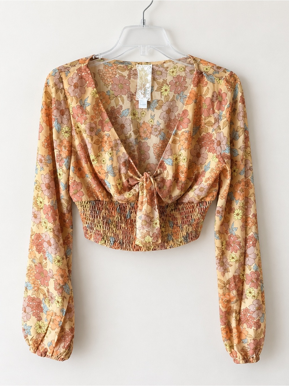 Sadie & Sage Brown Peach Floral Smocked Waist Cropped Top Faux Tie EUC M #1144